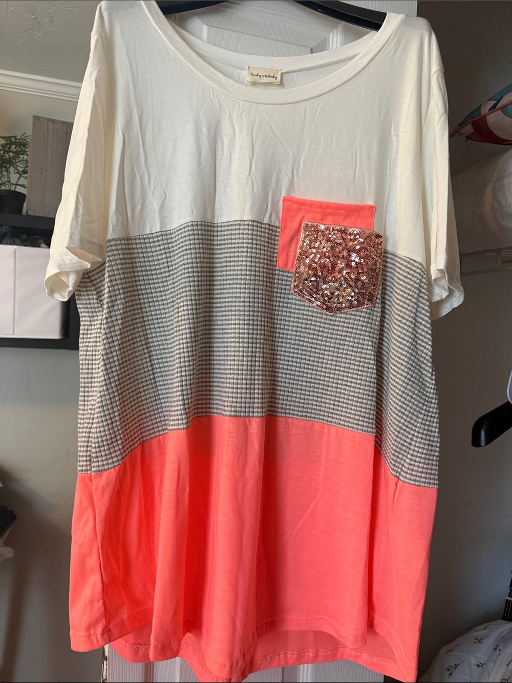 Lovely Melody Ivory Gray Coral Colorblock Sequin Pocket Tunic 1X